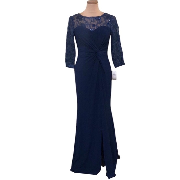 NWT Alex Evenings Formal Maxi Dress Size 6 Navy Blue Knotted Embroidered Gown - Picture 1 of 15